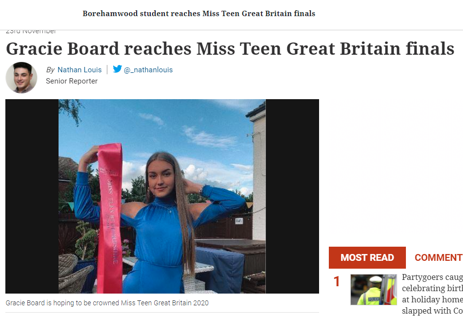 Miss Teen Bedfordshire, Gracie, has made her local headlines!